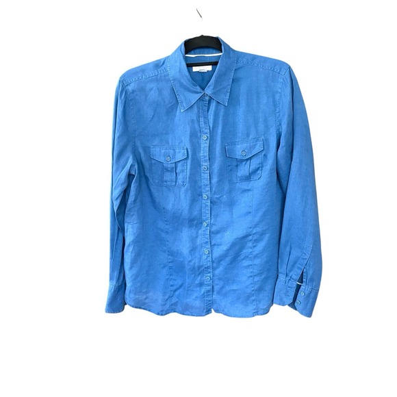 CHARTER CLUB Linen Shirt Women's‎ Size 14 Button Up Roll Tab Sleeve Blue - Picture 1 of 8
